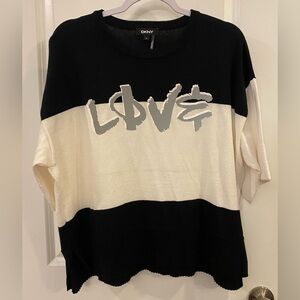 DKNY Short Sleeve Sweater Sz M Black & Beige w/Silver LOVE Logo Oversized